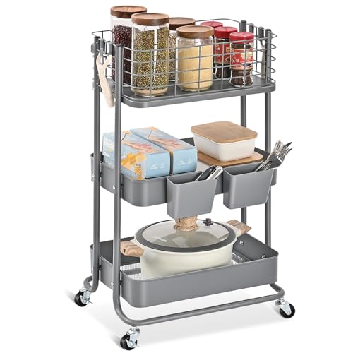 KINGRACK 3 Tier Metal Rolling Storage Cart