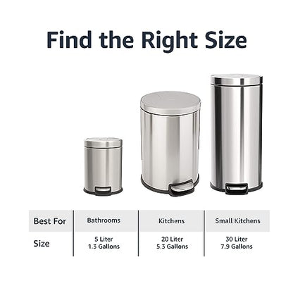 Amazon Basics Round Cylindrical Trash Can With Soft-Close Foot Pedal, 30 Liter/7.9 Gallon, Brushed Stainless Steel