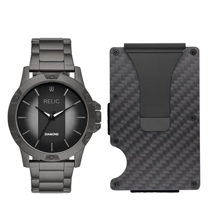Relic by Fossil Men's Rylan Three-Hand Gunmetal Watch and Black Metal Card Case Gift Set (Model: ZR97014)