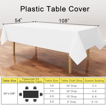 smiry Disposable Table Cloth - 6 Pack, 54 x 108 Inch Table Cloths for Parties, Decorative Tablecloths for Rectangle Tables, Waterproof Plastic Table Cover, Leakproof & Sturdy, White