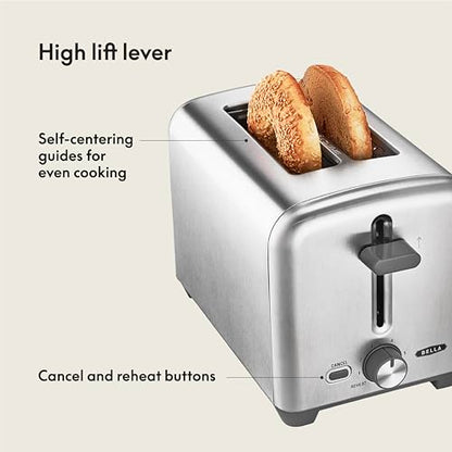 bella Stainless Steel 2 Slice Toaster with Extra Wide Slots & Removable Crumb Tray - 6 Browning Options, Auto Shut Off & Reheat Function - Toast Bread, Bagel & Waffle