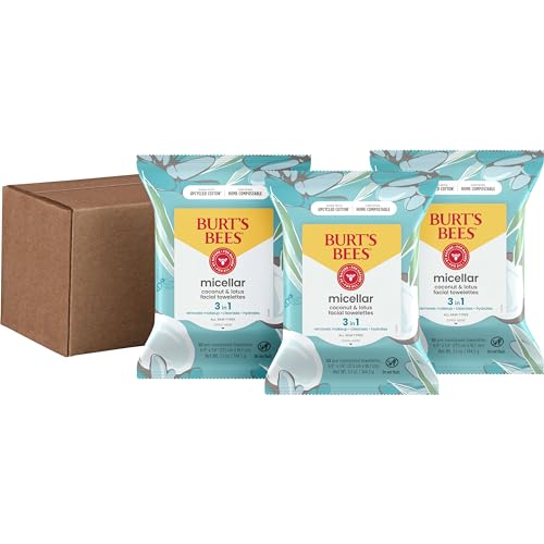 Burt's Bees Coconut & Lotus Face Wipes, for All Skin Types, College Back to School Dorm Essentials, Micellar Makeup Remover & Facial Cleansing Towelettes, 30 Ct. (3-Pack)