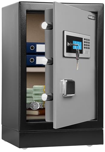 ISLANDSAFE Heavy Fireproof Safe Box, 50lbs Large Steel Money Office safe, Double Lock Removable Shelf Money Safes with Alarm, Inner Light for Home and Office (2.3 Cuft Gray)