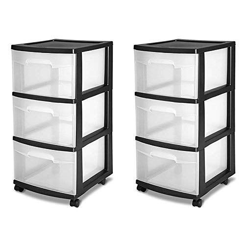 Sterilite 3 Drawer Storage Cart, Plastic Rolling Cart with Wheels to Organize Clothes in Bedroom, Closet, Black with Clear Drawers, 2-Pack