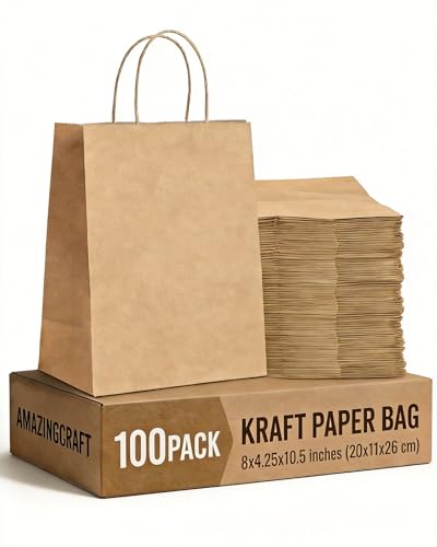 100 Pack Kraft Paper Gift Bags with Handles