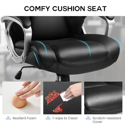 COMHOMA Executive Office Chair, Comfy Desk Chair with Back Support Bonded Leather Computer Gaming Chair with Wheels and Headrest, Height Adjustable Tilt Swivel Rolling Reclining Seat, Black