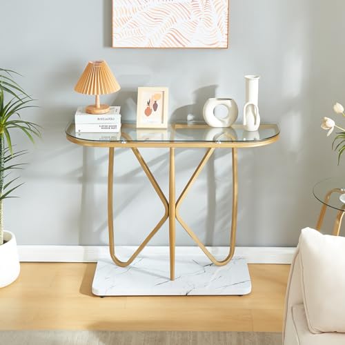 HOMISSUE Console Table, Modern Console Table with Tempered Glass Top and Metal Frame, Glass Entryway Table with Marbled MDF Base, Console Table for Entryway, Hallway, Living Room (Gold&Clear Glass)