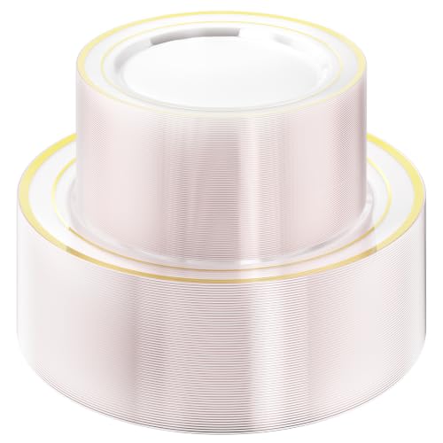120 Count Disposable Plastic Party Plates with Gold Rim