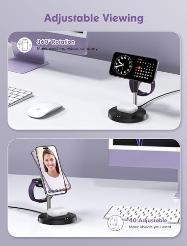 3 in 1 Wireless Charging Station for Multiple Devices Apple, Aeinidi 15W Fast Mag-Safe, Magnetic Charger Stand for iPhone 15 14 13 12 Pro Max/Plus/Pro/Mini, Apple Watch, AirPods Pro 3 2, Black
