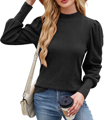 Women's Mock Neck Puff Sleeve Knit Sweater Pullover
