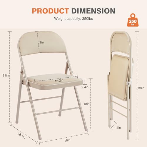 Sweetcrispy Folding Chair 2 Pack, Leather Padded Folding Chairs, Sturdy Metal Foldable Chairs, Easy to Use and Store, Outdoor and Indoor, for Home, Office, Party, Comfy, Kahki