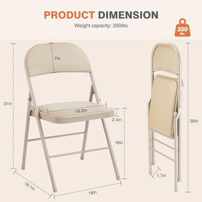 Sweetcrispy Folding Chair 2 Pack, Leather Padded Folding Chairs, Sturdy Metal Foldable Chairs, Easy to Use and Store, Outdoor and Indoor, for Home, Office, Party, Comfy, Kahki