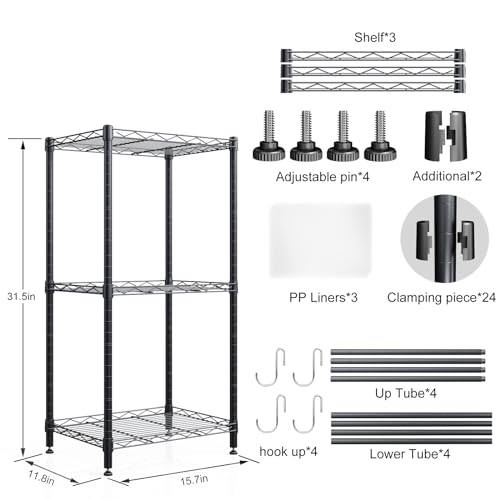 SsngygHme 3 Tier Shelves Storage, Wire Shelf Unit, Standing Adjustable Metal Shelves Organizer, Storage Racks for Restaurant Garage Pantry Kitchen Garage(Small，15.7 '' x 11.8" x 31.5 ")…