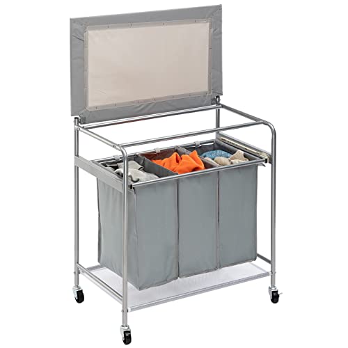 ALIMORDEN Laundry Sorter with Sturdy Ironing Board and Folding Table Top Lid, Laundry Hamper Organizer with 4 Wheels for Laundry Room Grey