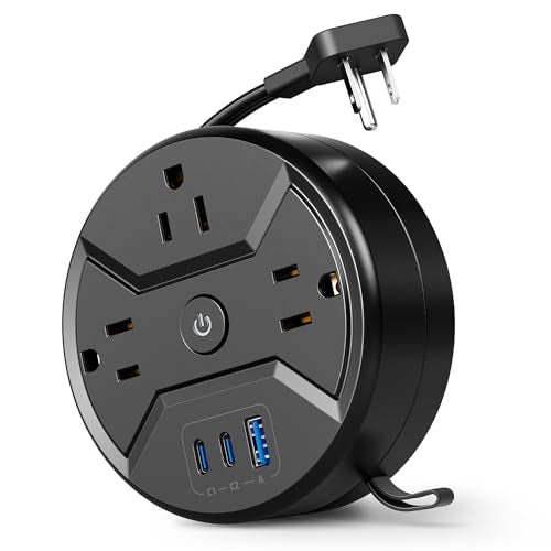 Travel Power Strip 5ft Retractable Cord 3 AC 3 USB