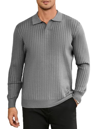 Ribbed Knit Long Sleeve Polo Sweater Pullover
