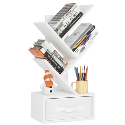 4 Tier Small Bookshelf with Drawer, Tree Bookcase