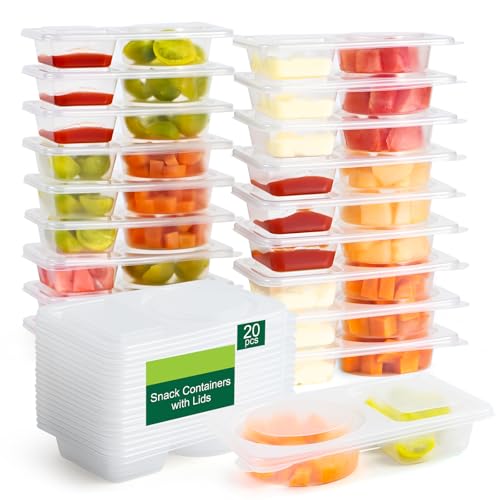 20 Pack Reusable 2-Compartment Snack Containers with Lids