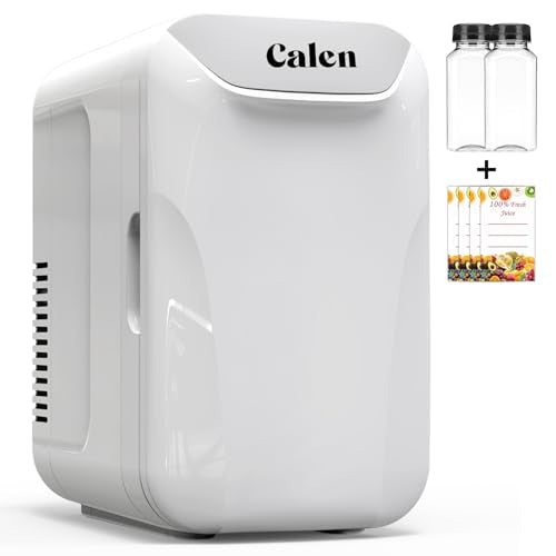 CALEN Mini Fridge with 2 Bottles, 6L/8 Cans Mini Fridge for Bedroom, Skincare Fridge 110V AC/12V DC Small Refrigerator for Food, Beverages, Cosmetics, Portable Mini Refrigerator for Office, Dorm, Car