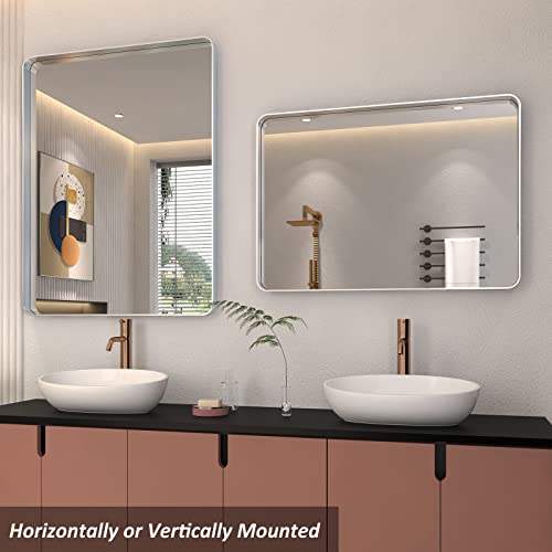 ODDSAN 48x 30 Brushed Nickel Frame Bathroom Mirror for Wall, Modern Brushed Metal Rectangle Vanity Mirror, Rounded Corner, Shatterproof, Anti-Oxidation (Horizontal/Vertical)