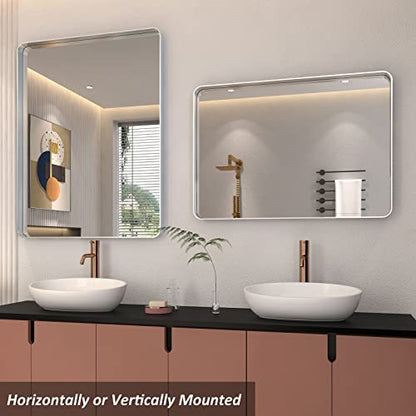 ODDSAN 48x 30 Brushed Nickel Frame Bathroom Mirror for Wall, Modern Brushed Metal Rectangle Vanity Mirror, Rounded Corner, Shatterproof, Anti-Oxidation (Horizontal/Vertical)