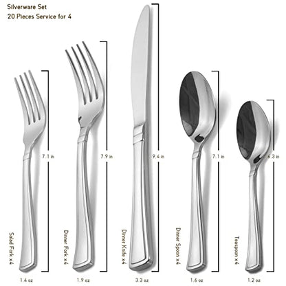 Alata Moss 20 Piece Silverware Set Service for 4,Premium Stainless Steel Flatware, Mirror Polished Cutlery Utensil Set,Durable Tableware Set,Include Fork Knife Spoon Set,Dishwasher Safe