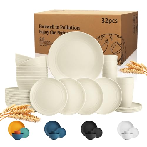 32 Piece Wheat Straw Dinnerware Set Unbreakable Dishwasher Safe