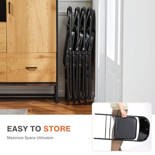 Sweetcrispy Folding Chair 4 Pack, Leather Padded Folding Chairs, Sturdy Metal Foldable Chairs, Easy to Use and Store, Outdoor and Indoor, for Home, Office, Party, Comfy, Black