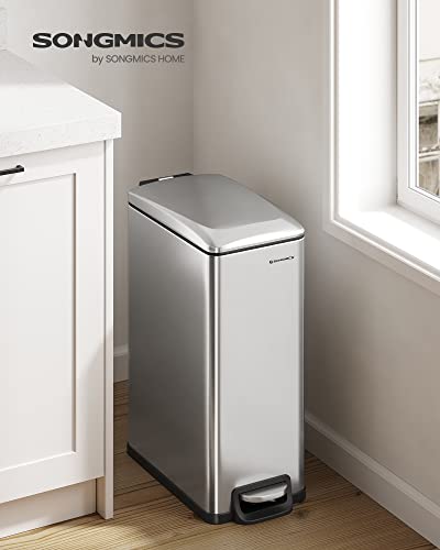 SONGMICS Slim Trash Can, 12.7 Gallon Garbage Can for Narrow Spaces with Soft-Close Lid, Inner Bucket, and Step-on Pedal, Stainless Steel, 15 Trash Bags Included, Silver ULTB510E48