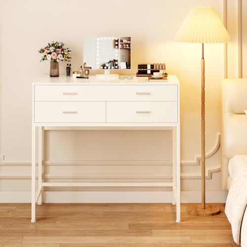 LIDYUK Vanity Desk with Mirror and Lights, Makeup Vanity Desk with Lights, 31.5 Inch Simple Home Office Desk, Small Desk Dressing Vanity Table with Double-Deck 3 Drawers, White