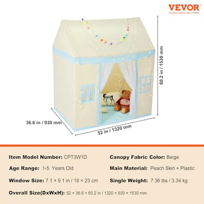 VEVOR Kids Play Tent, Kids Tent for Kids 1-5 Years Old, Tent for Kids with Windows for Indoor and Outdoor, Toddler Tent with Mat and Tent Lamp, Play House Castle Tent for Boys and Girls, Beige