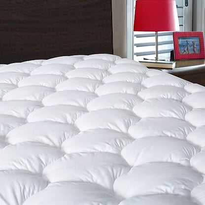 JURLYNE Mattress Pad Twin Size, Quilted Fitted Mattress Cover, Pillow Top with Fluffy Breathable 5D & 7D Spiral Fiber Filling, Cooling Mattress Topper Cover, Protector, White