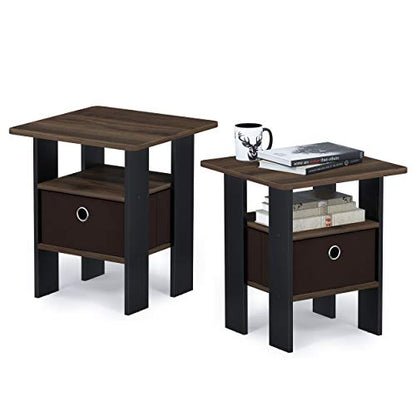 Furinno Andrey Set of 2 End Table / Side Table / Night Stand / Bedside Table with Bin Drawer, Columbia Walnut/Dark Brown