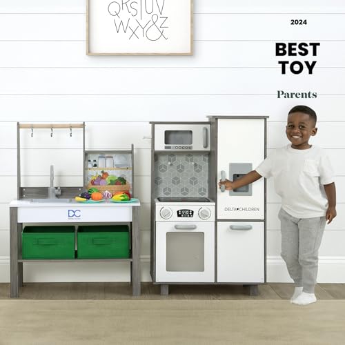 Delta Children Gourmet All-in-One Corner Play Kitchen - Toy Kitchen Playset with Safe & Heatless Stove with Lights, Oven, Sink, Fridge/Freezer with Ice Maker and 20 Accessories, Natural/White