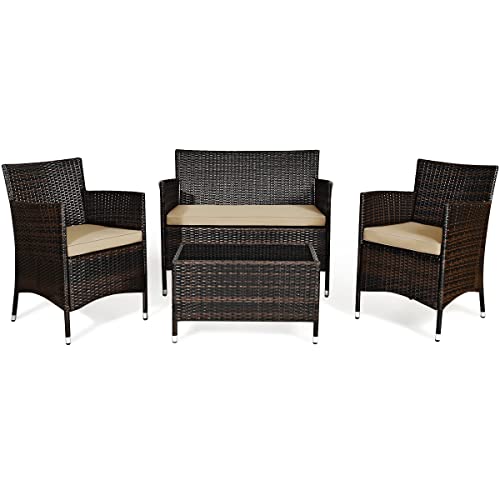 4 Piece Rattan Patio Furniture Set with Cushions