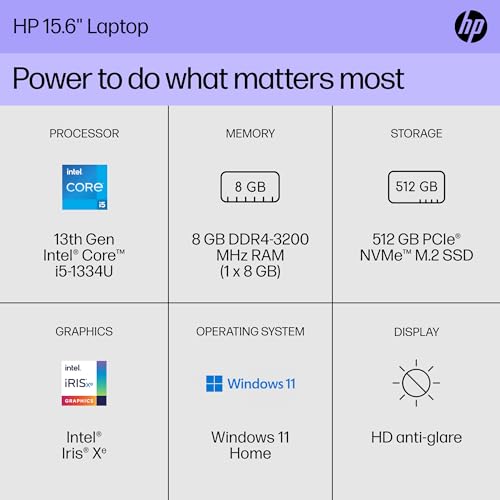 HP 15 inch Laptop, HD Display, 13th Generation Intel Core i5-1334U, 8 GB RAM, 512 GB SSD, Intel Iris Xe Graphics, Windows 11 Home, 15-fd0012nr (2024)