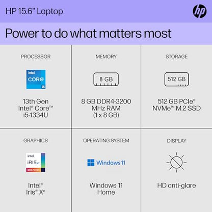 HP 15 inch Laptop, HD Display, 13th Generation Intel Core i5-1334U, 8 GB RAM, 512 GB SSD, Intel Iris Xe Graphics, Windows 11 Home, 15-fd0012nr (2024)