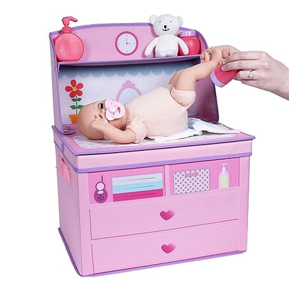 ADORA Realistic Perfectly Pink Baby Doll Set with Deluxe Changing Table and 10-Piece Doll Accessories; Pink Storage Box, 2 Baby Doll Diapers, Baby Powder Bottle, Pacifier Birthday Gift for Ages 3+