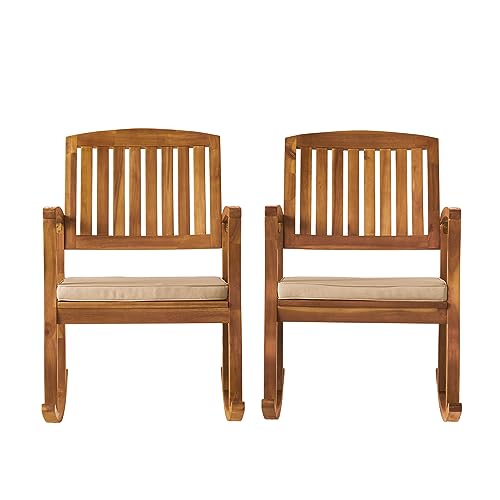 2 Piece Outdoor Acacia Rocking Chairs with Cushions