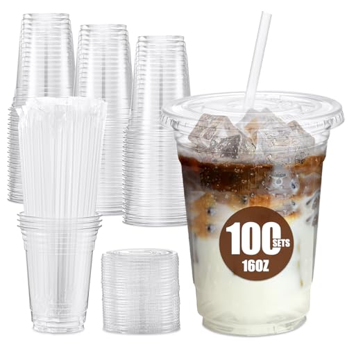 100 Pack 16oz Plastic Cups with Lids and Straws
