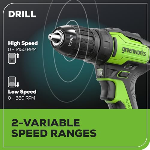 Greenworks 24V Brushless Cordless Drill Kit, 310 in./lbs, 18+1 Position Clutch, 1/2 '' Keyless Chuck, Variable Speed, (2)2Ah Batteries with 2A Fast Charger, LED Light with Tool Bag