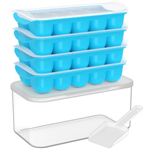 4 Pack Silicone Ice Cube Trays with Lid and Bin