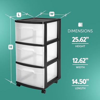 Sterilite 3 Drawer Storage Cart, Plastic Rolling Cart with Wheels to Organize Clothes in Bedroom, Closet, Black with Clear Drawers, 2-Pack