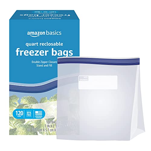 Amazon Basics Reclosable Freezer Quart Bags, Stand & Fill Base, 120 Count