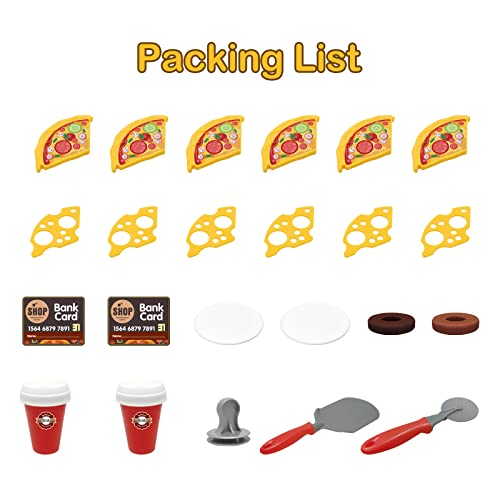 deAO Pretend Play Store Coffee Playset Kids Coffee Maker Play Set Pizzas Shop with Cash Register 30pcs STEM Toy for Kids Pre-School Pretend Toy for Toddlers Boys & Girls Age 3+