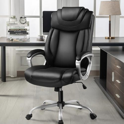 COMHOMA Executive Office Chair, Comfy Desk Chair with Back Support Bonded Leather Computer Gaming Chair with Wheels and Headrest, Height Adjustable Tilt Swivel Rolling Reclining Seat, Black