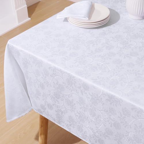 Moosfor Rectangle Tablecloth 60x102 Inch, Waterproof Damask Jacquard Table Cloth, Washable Fabric Table Covers for Dining, Parties, Indoor and Outdoor, White
