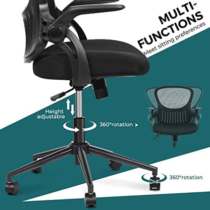 SMUG Office Computer Gaming Desk Chair, Ergonomic Mid-Back Mesh Rolling Work Swivel Chairs with Flip-up Arms, Comfortable Lumbar Support, Comfy Arms for Home, Bedroom, Study, Student, Adults, Black
