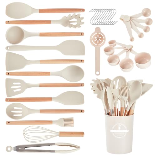 34 Piece Silicone Kitchen Utensil Set with Wooden Handles