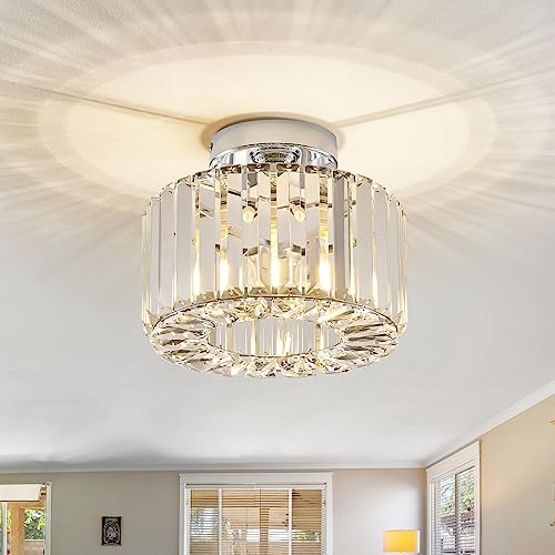 BUXVRCS Crystal Ceiling Light Fixture - Semi Flush Mount Ceiling Light Modern Chandelier Hallway Light Fixtures Ceiling Flush Mount Light Fixtures for Kitchen Bedroom Bathroom Entryway (Silver)